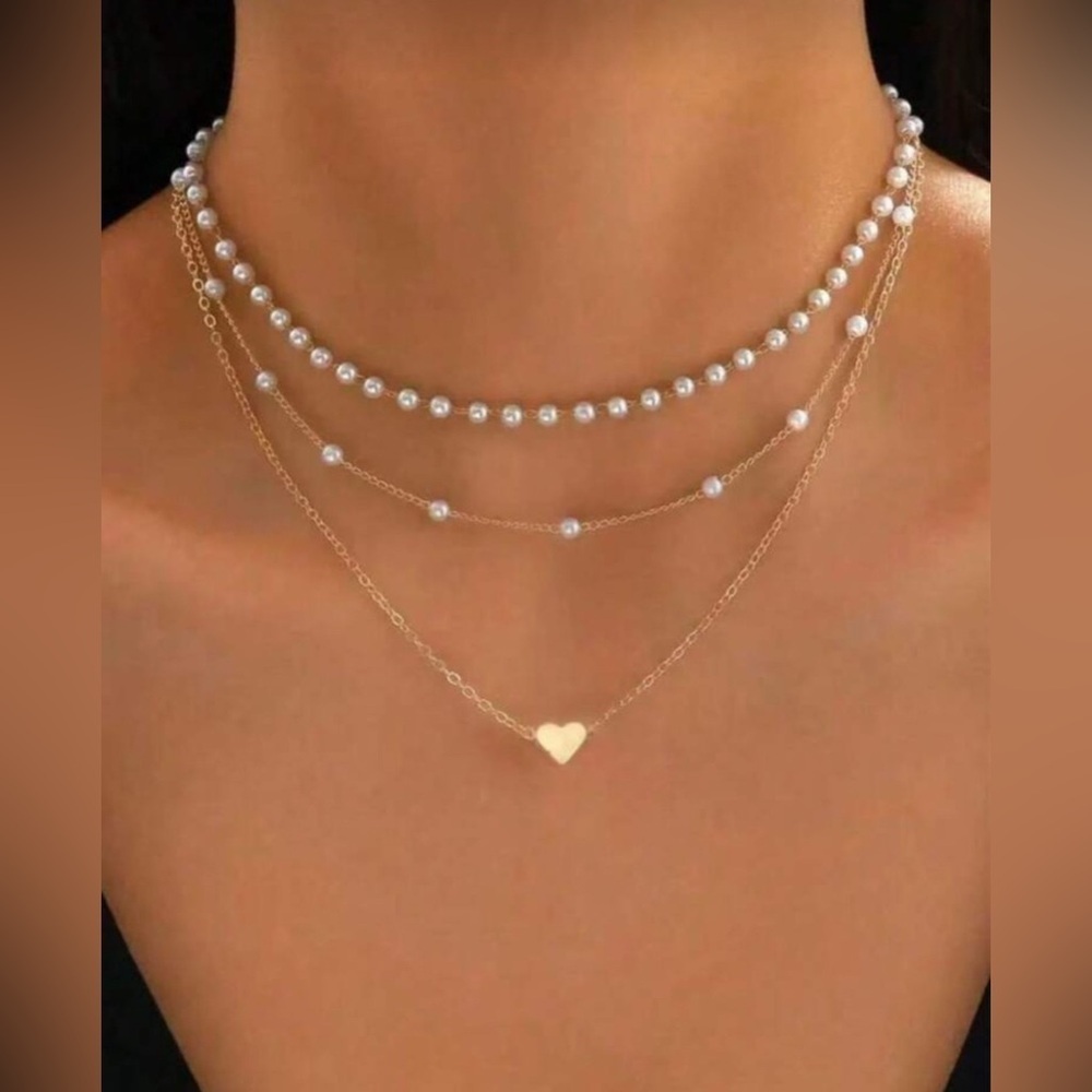 Gold Tone Layered Pearl Heart Necklace 1pc Chain Statement Necklace